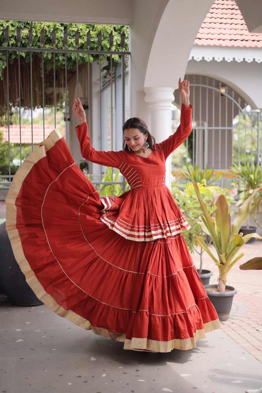 Stylish Rust Orange Cotton Peplum Lehenga Dress for Ethnic Festive Occasions