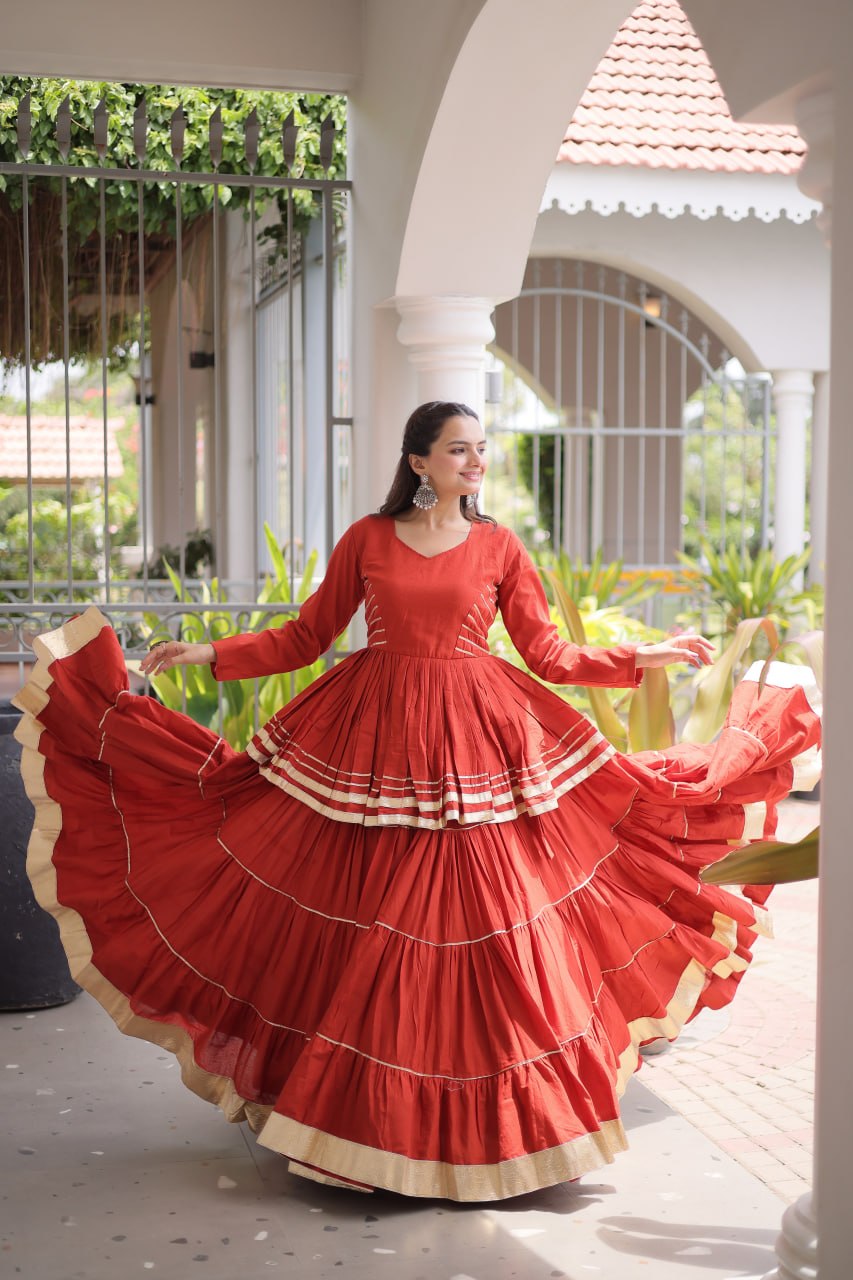 Stylish Rust Orange Cotton Peplum Lehenga Dress for Ethnic Festive Occasions