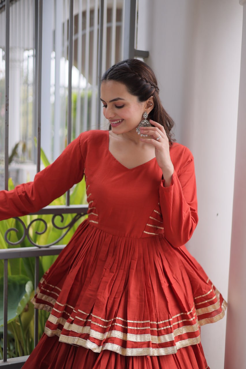 Stylish Rust Orange Cotton Peplum Lehenga Dress for Ethnic Festive Occasions