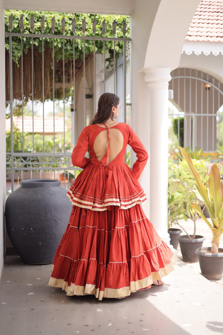 Stylish Rust Orange Cotton Peplum Lehenga Dress for Ethnic Festive Occasions