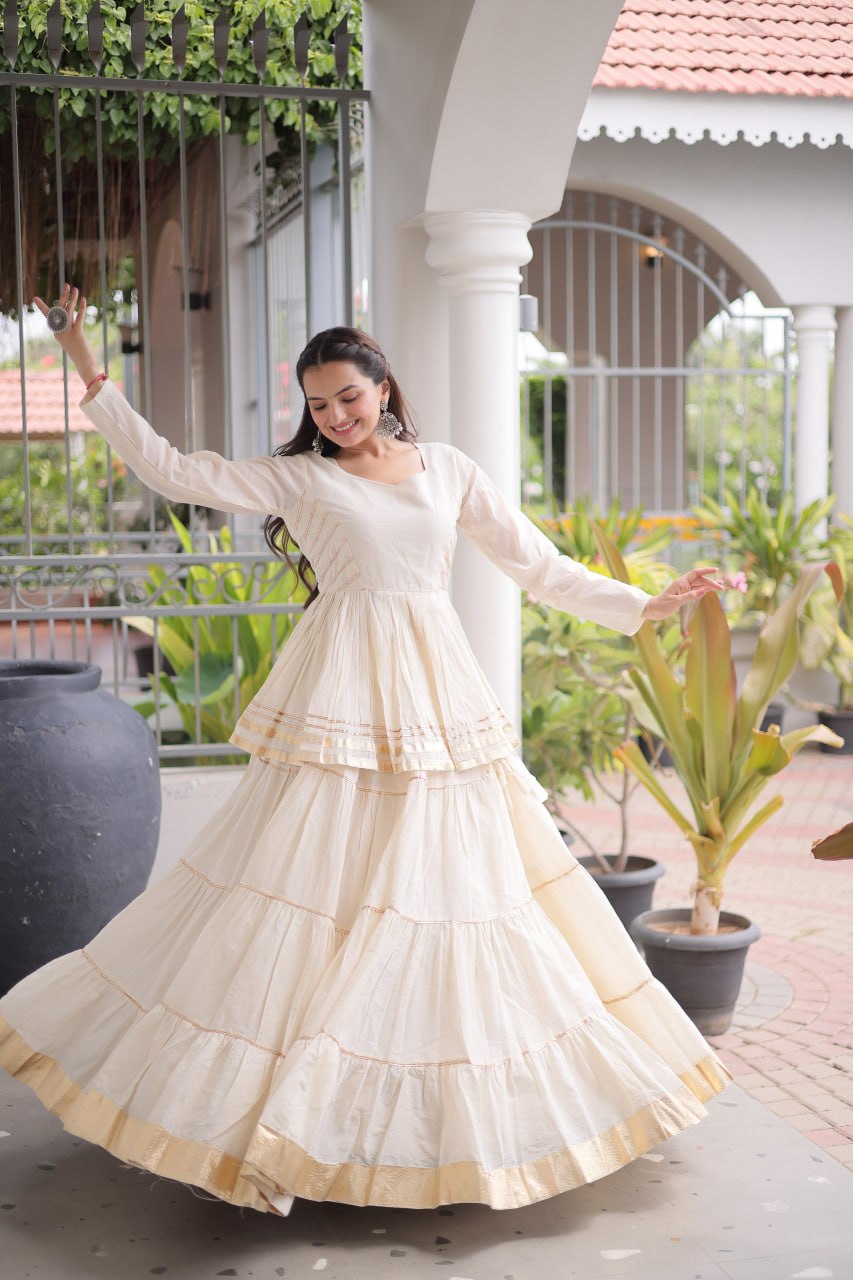 Women's Off White Cotton Peplum Lehenga for Navratri, Party & Festive Wear