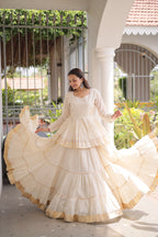 Women's Off White Cotton Peplum Lehenga for Navratri, Party & Festive Wear