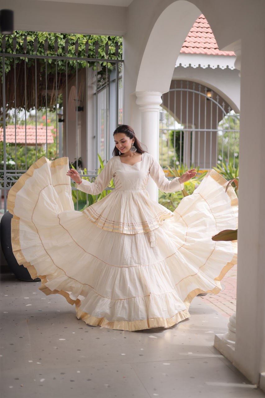 Women's Off White Cotton Peplum Lehenga for Navratri, Party & Festive Wear