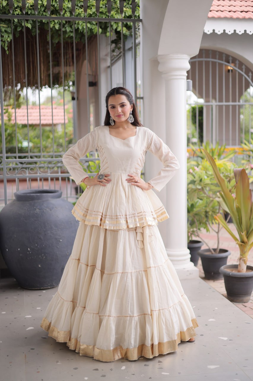 Women's Off White Cotton Peplum Lehenga for Navratri, Party & Festive Wear