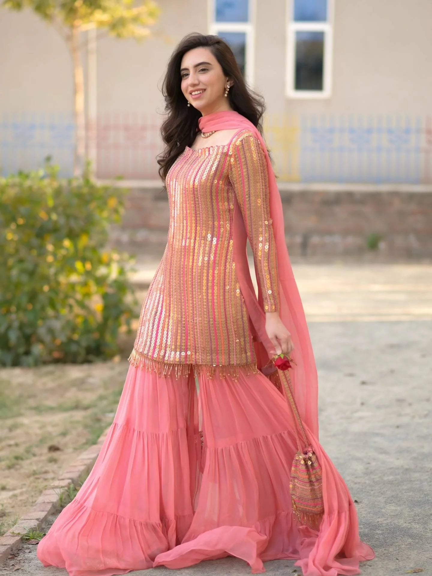 Elegant Heavy Fox Georgette Embroidered Top with Ruffle Palazzo & Dupatta