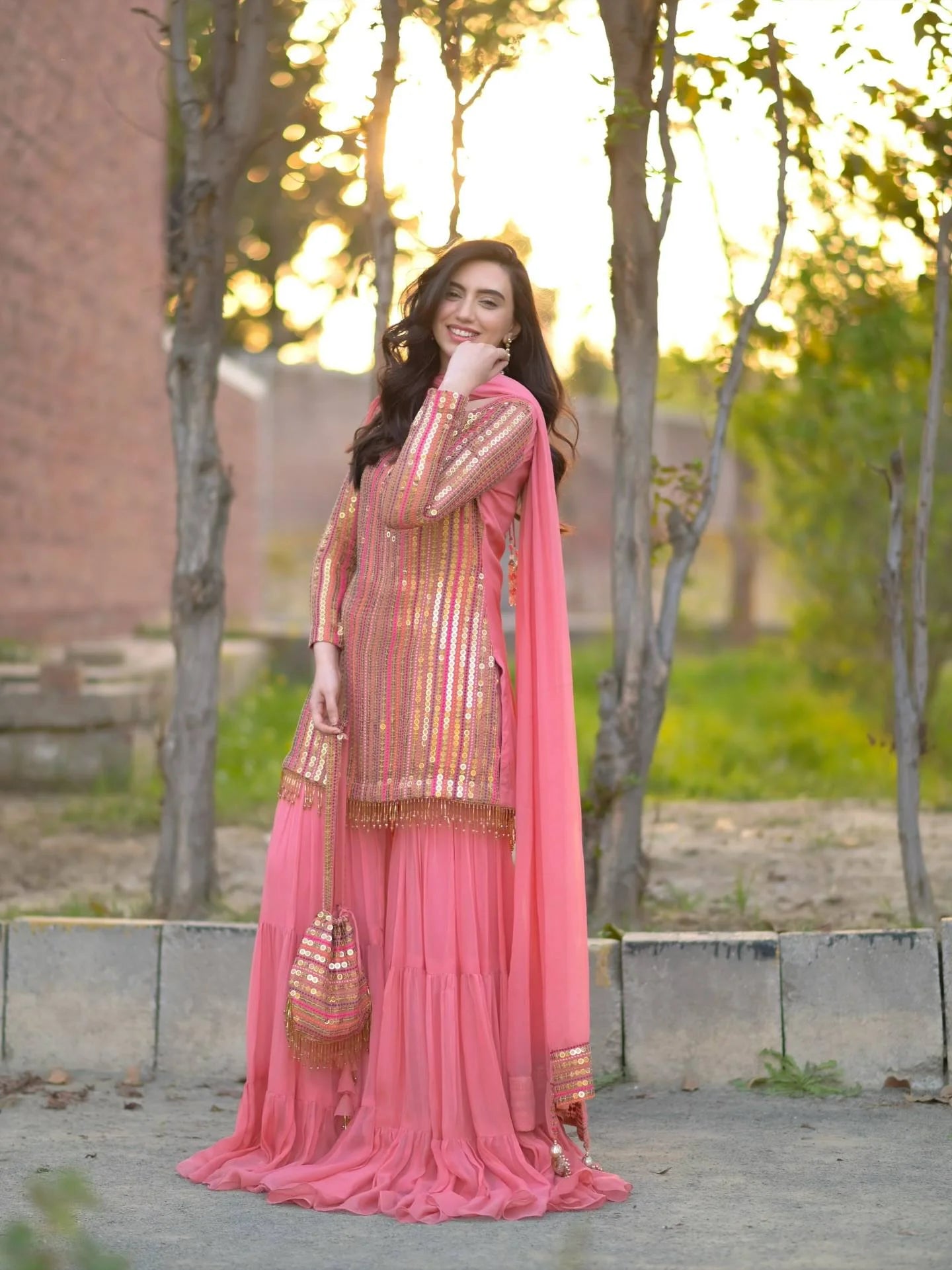 Elegant Heavy Fox Georgette Embroidered Top with Ruffle Palazzo & Dupatta