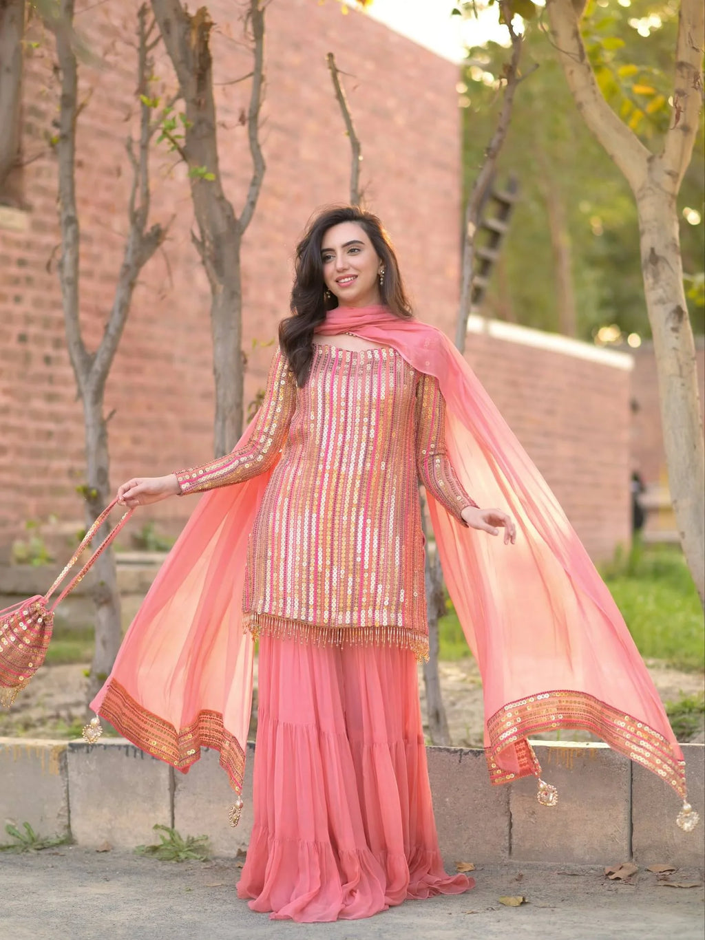 Elegant Heavy Fox Georgette Embroidered Top with Ruffle Palazzo & Dupatta