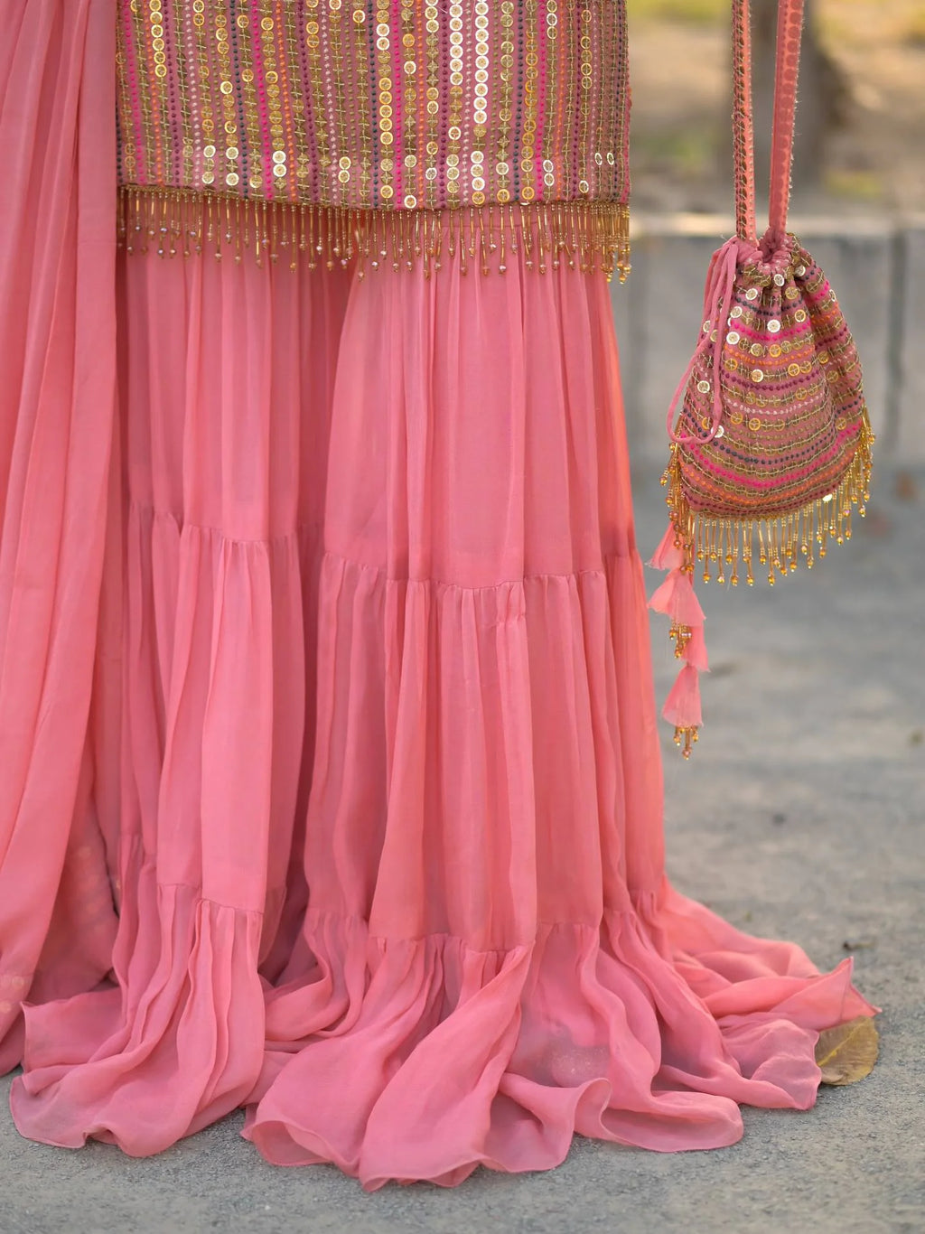 Elegant Heavy Fox Georgette Embroidered Top with Ruffle Palazzo & Dupatta