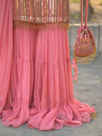 Elegant Heavy Fox Georgette Embroidered Top with Ruffle Palazzo & Dupatta