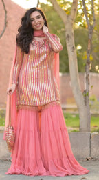 Elegant Heavy Fox Georgette Embroidered Top with Ruffle Palazzo & Dupatta