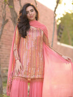 Elegant Heavy Fox Georgette Embroidered Top with Ruffle Palazzo & Dupatta