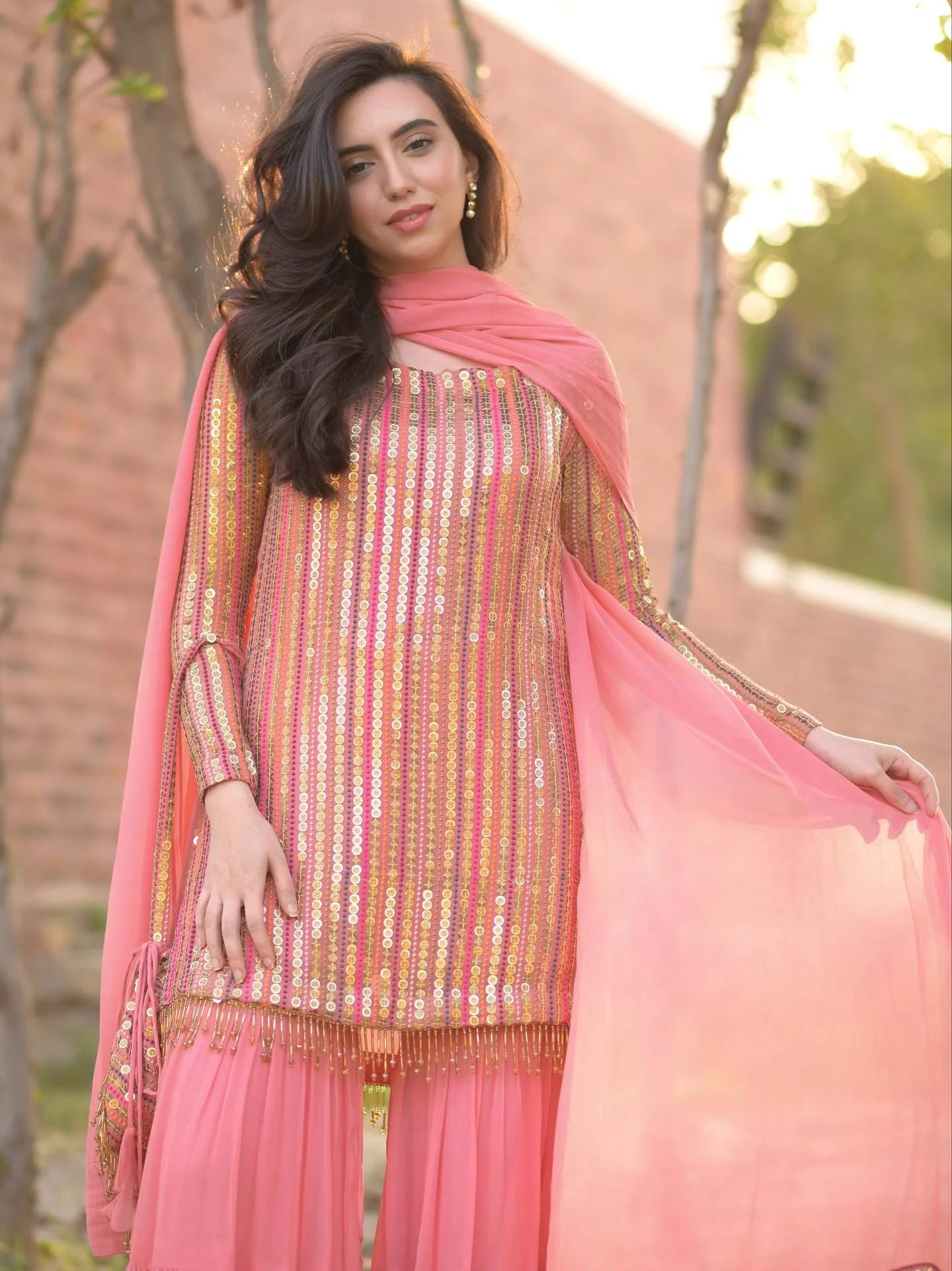Elegant Heavy Fox Georgette Embroidered Top with Ruffle Palazzo & Dupatta