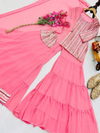 Elegant Heavy Fox Georgette Embroidered Top with Ruffle Palazzo & Dupatta