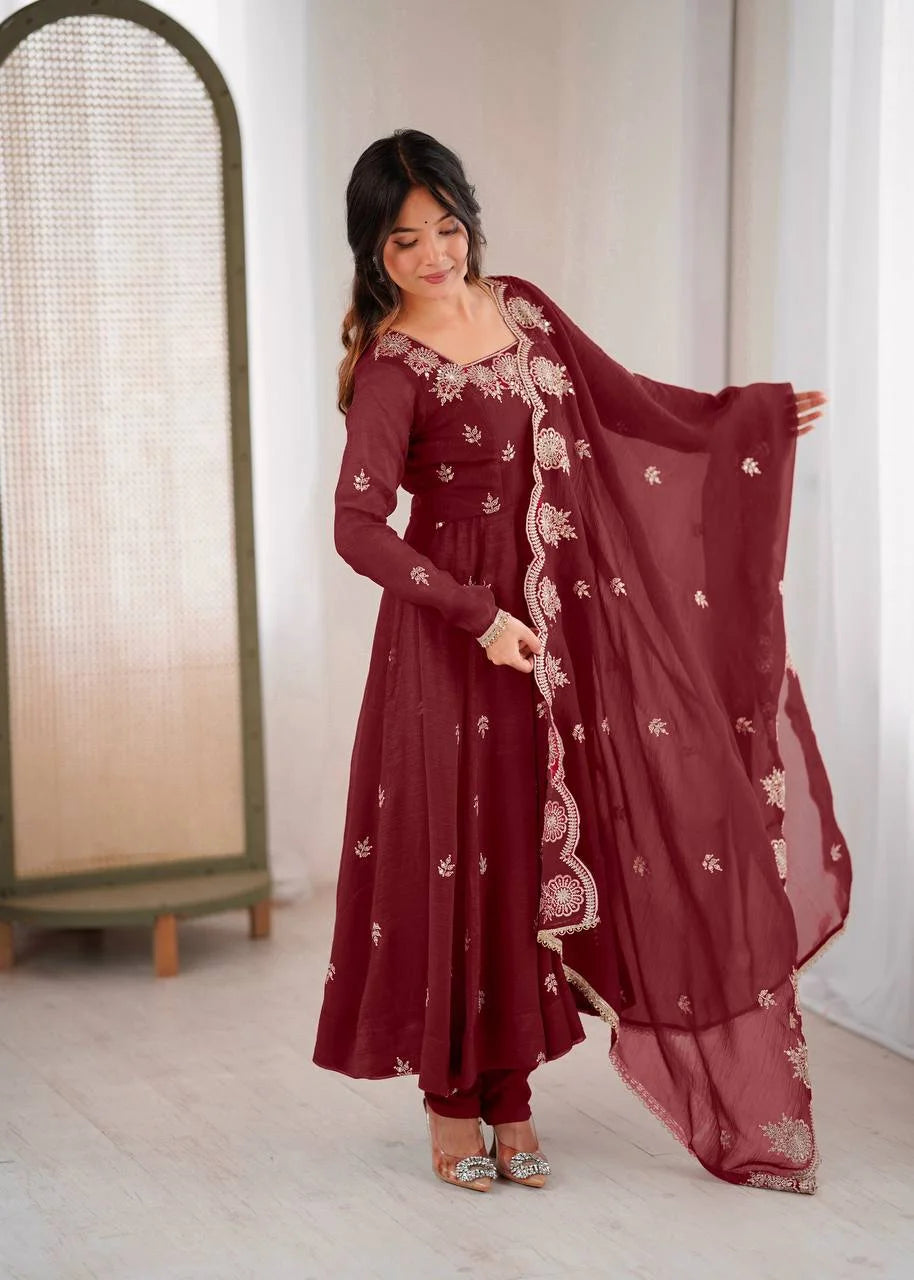 Elegant Embroidery Work Gown with Matching Dupatta