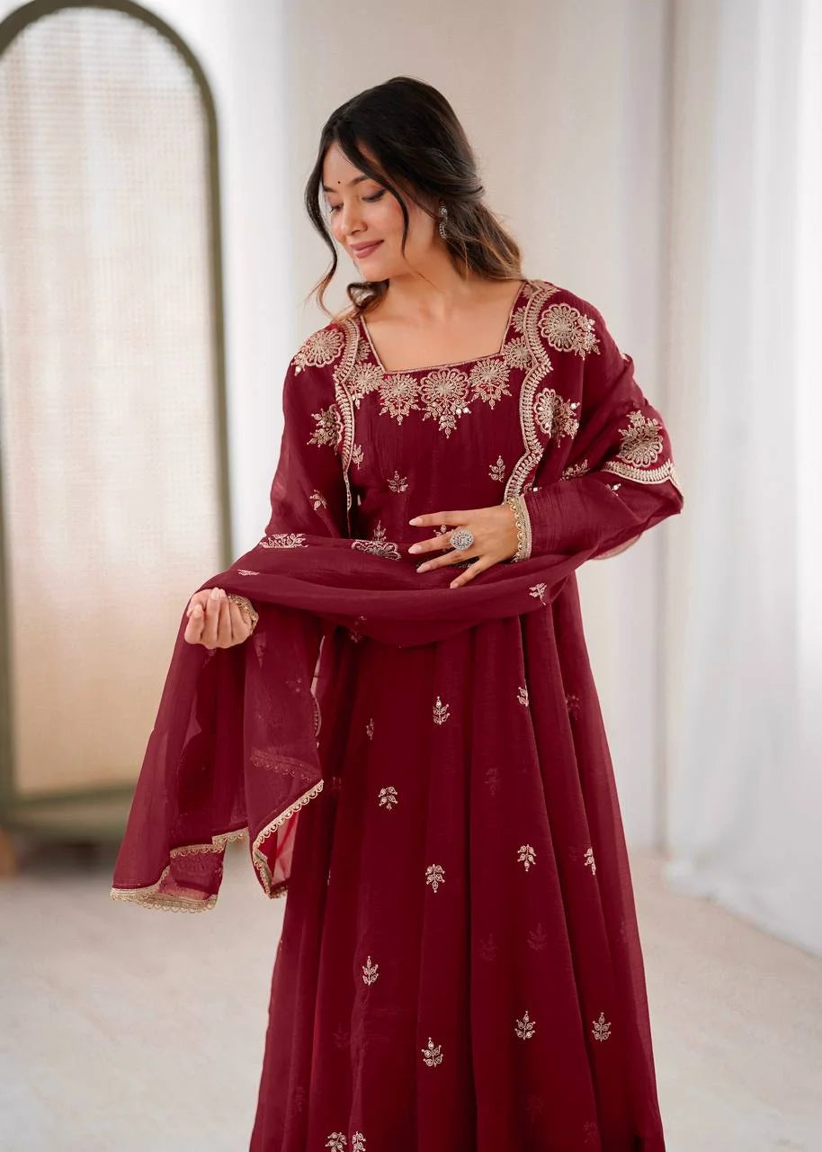 Elegant Embroidery Work Gown with Matching Dupatta