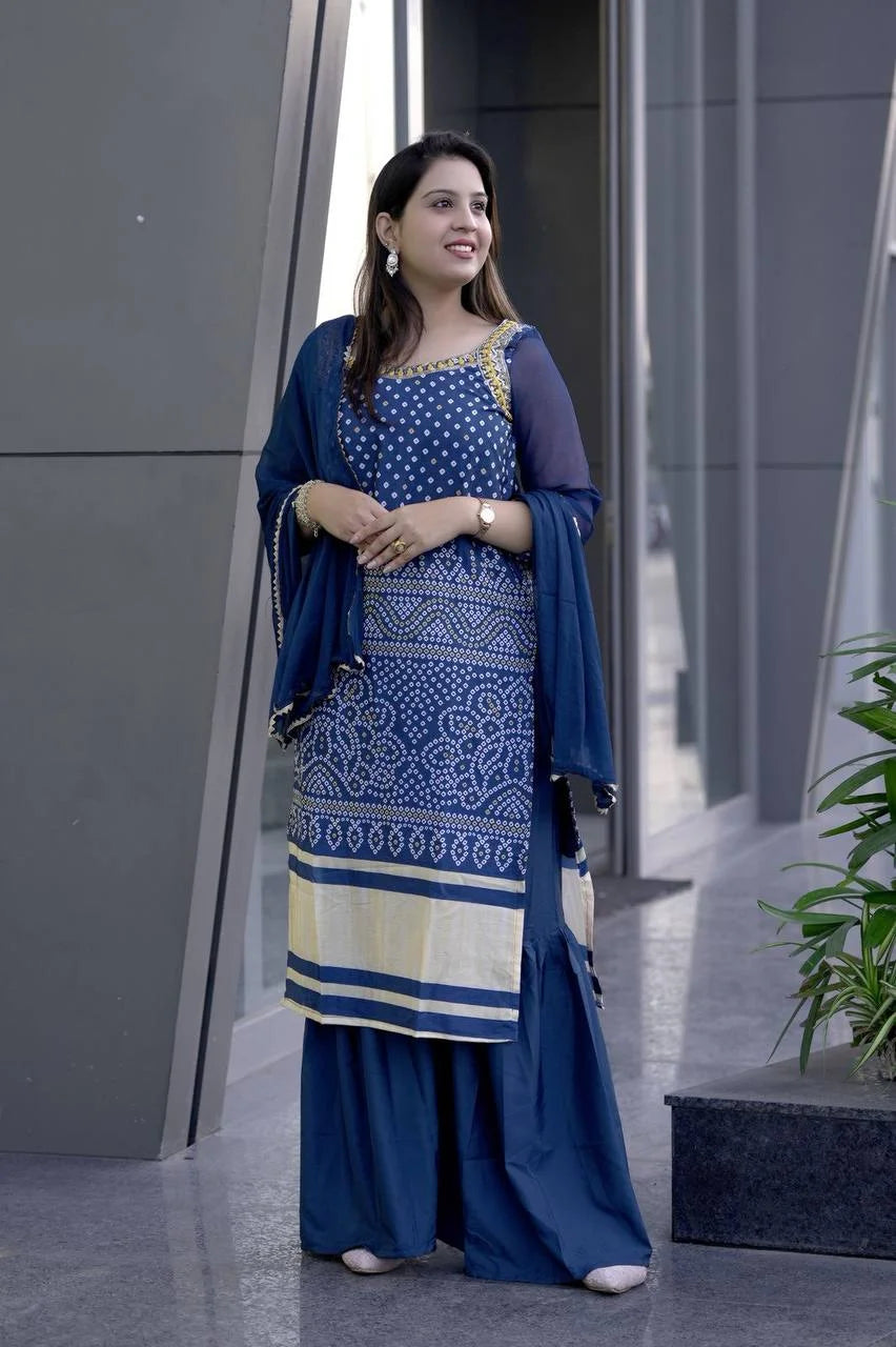 Lightweight Chinon Kurti Palazzo Suit with Fine Thread Embroidery Work
