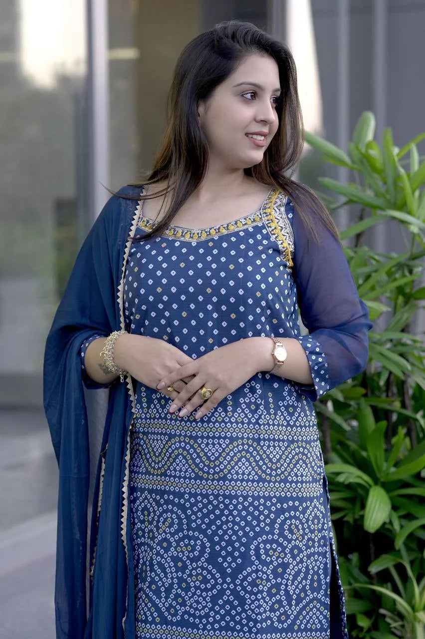 Lightweight Chinon Kurti Palazzo Suit with Fine Thread Embroidery Work