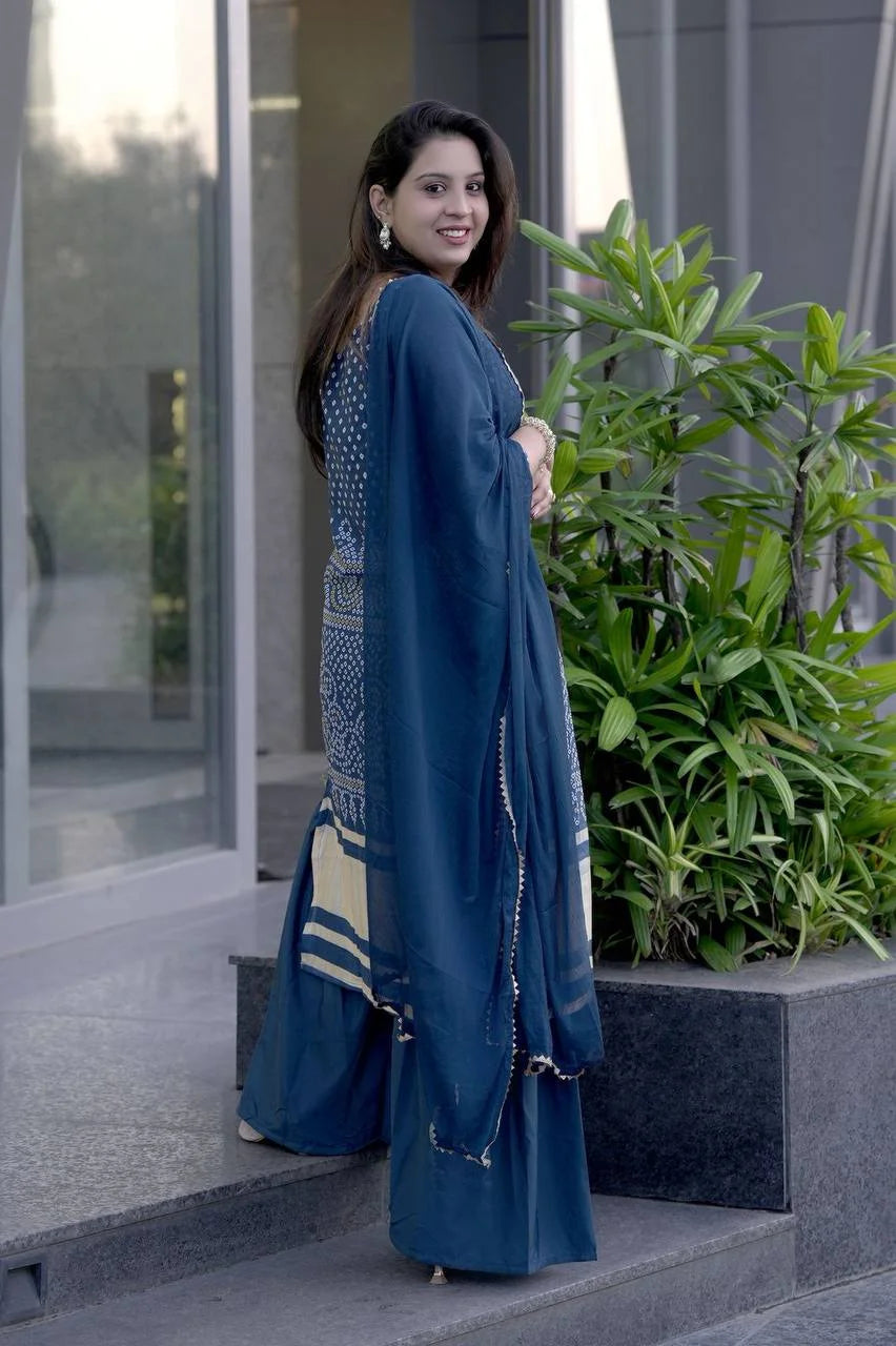 Lightweight Chinon Kurti Palazzo Suit with Fine Thread Embroidery Work