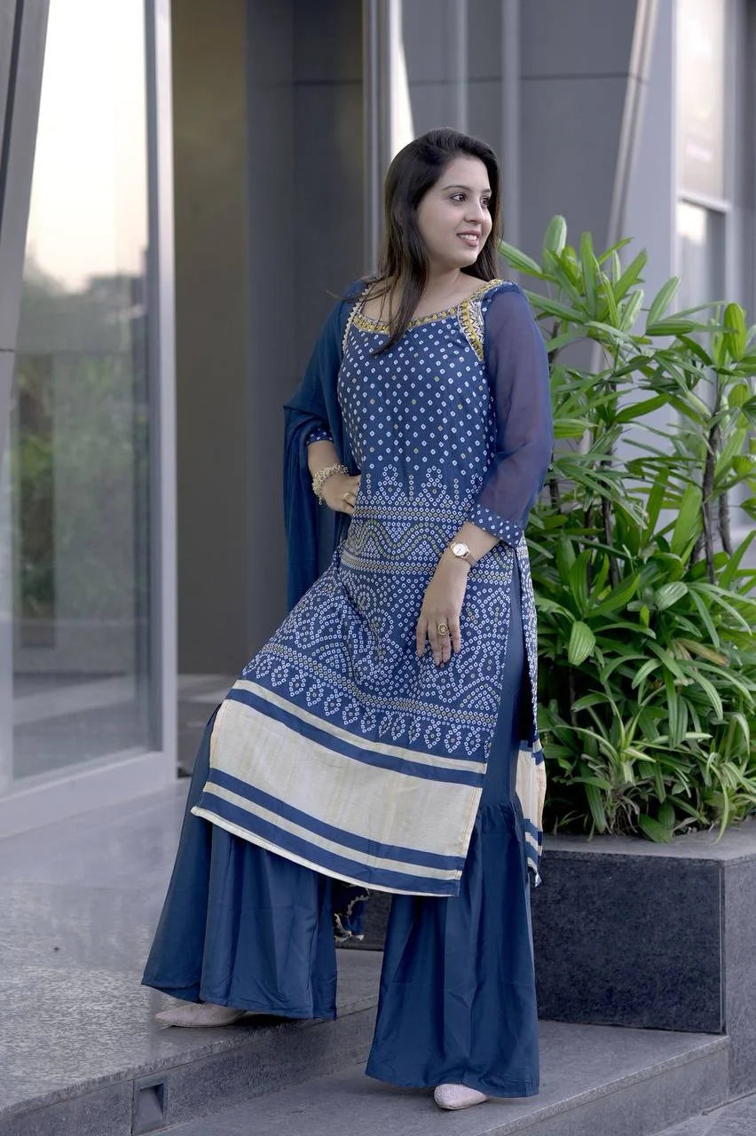 Lightweight Chinon Kurti Palazzo Suit with Fine Thread Embroidery Work