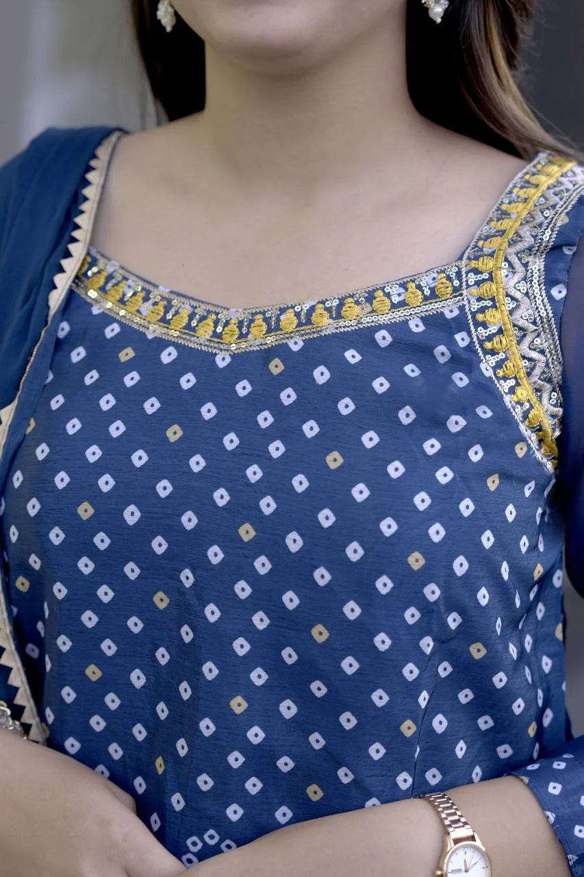 Lightweight Chinon Kurti Palazzo Suit with Fine Thread Embroidery Work