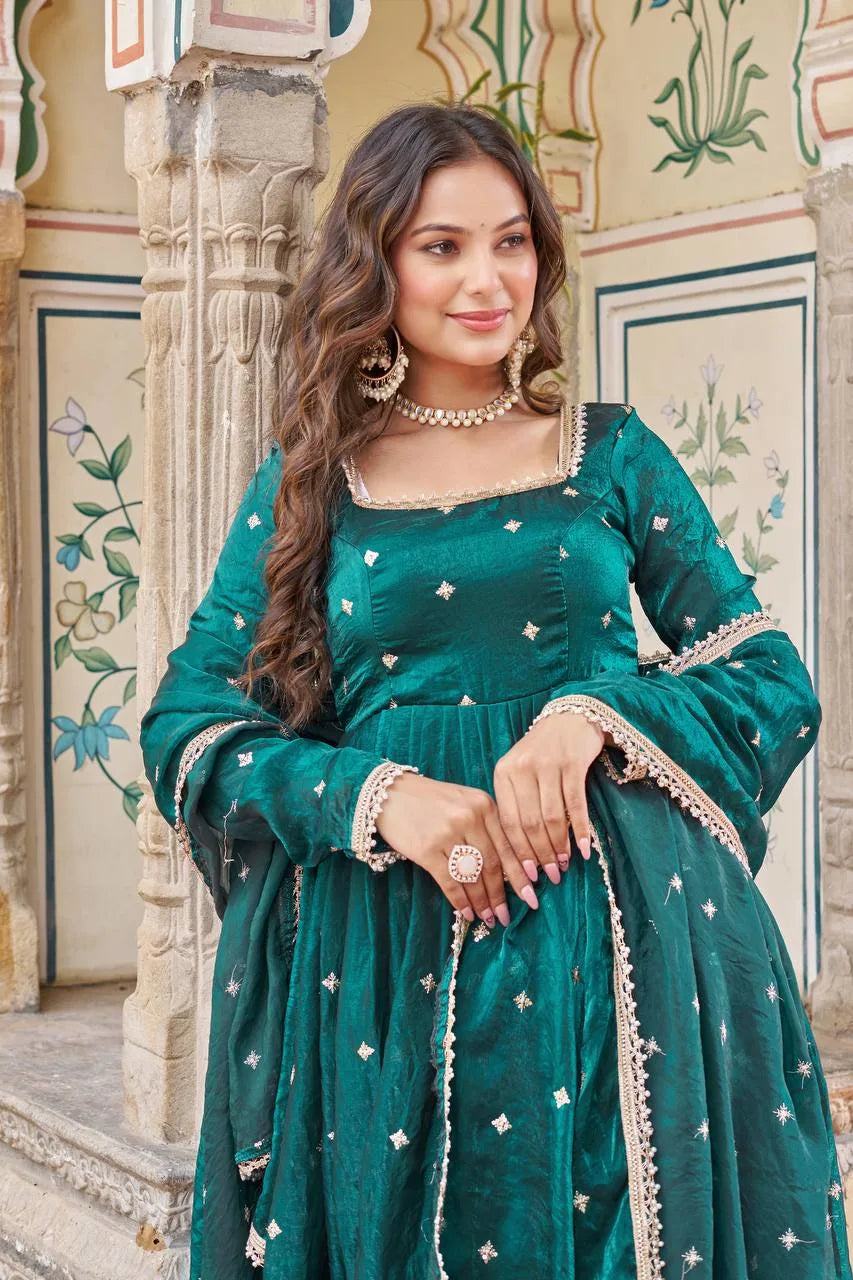 Royal Teal Green Fendy Silk Kurta Pent Set with Embroidered Dupatta
