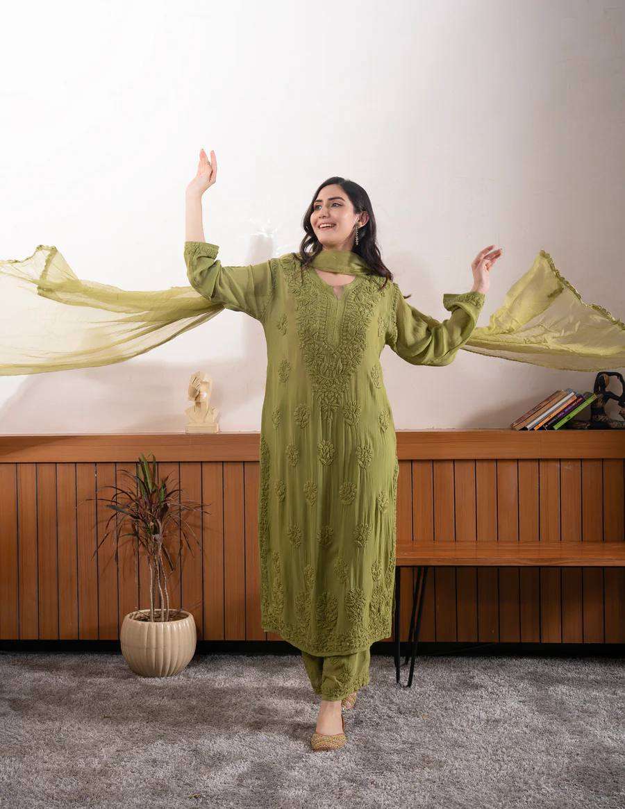 Women’s Faux Georgette Green Suit Set – Embroidered Party Wear