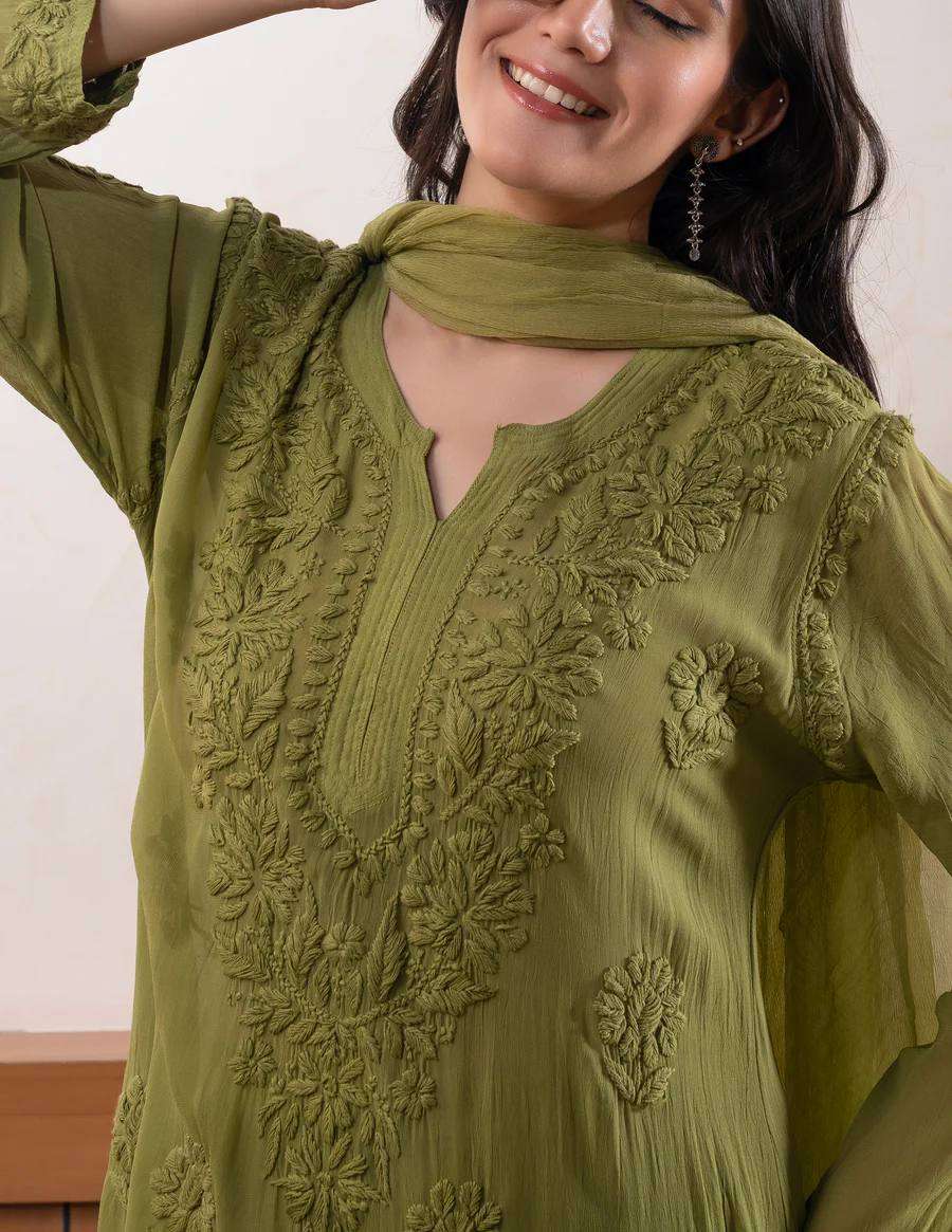 Women’s Faux Georgette Green Suit Set – Embroidered Party Wear
