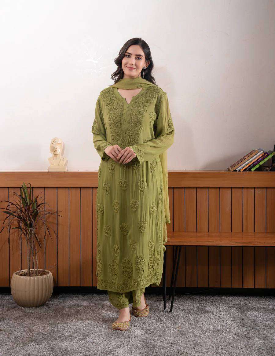 Women’s Faux Georgette Green Suit Set – Embroidered Party Wear