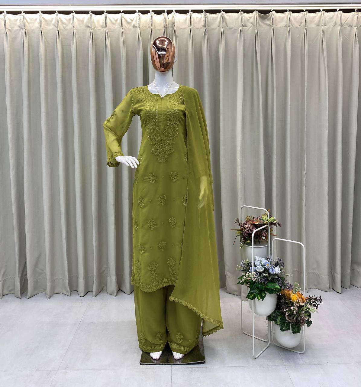 Women’s Faux Georgette Green Suit Set – Embroidered Party Wear