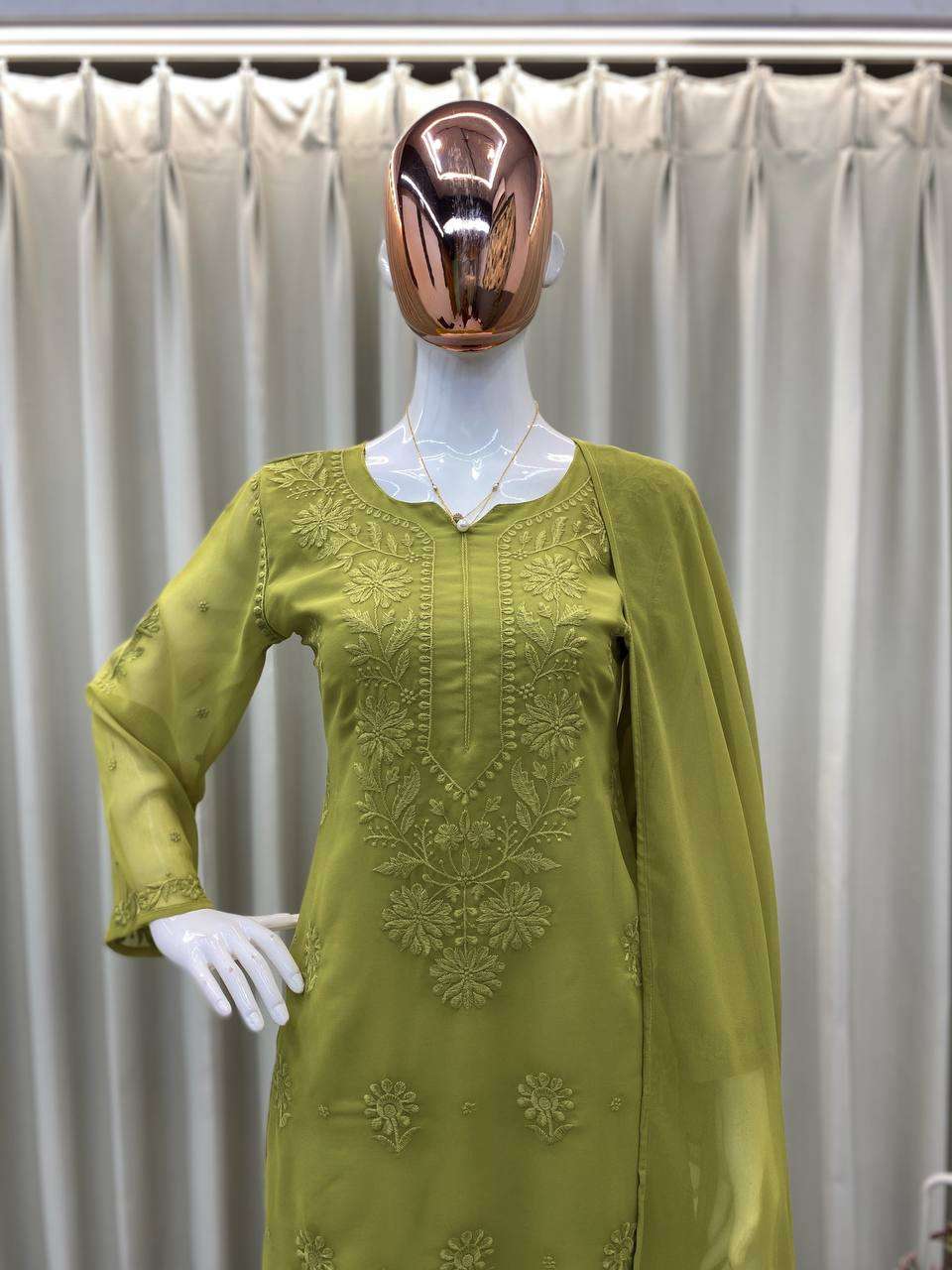 Women’s Faux Georgette Green Suit Set – Embroidered Party Wear