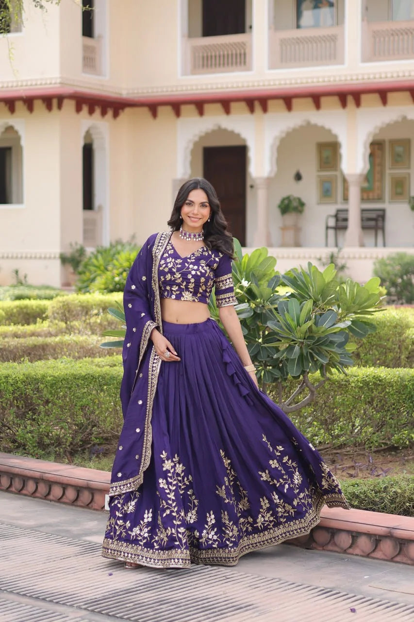 Festive Wear Vichitra Silk Lehenga with Zari-Sequence Work and Unstitched Blouse