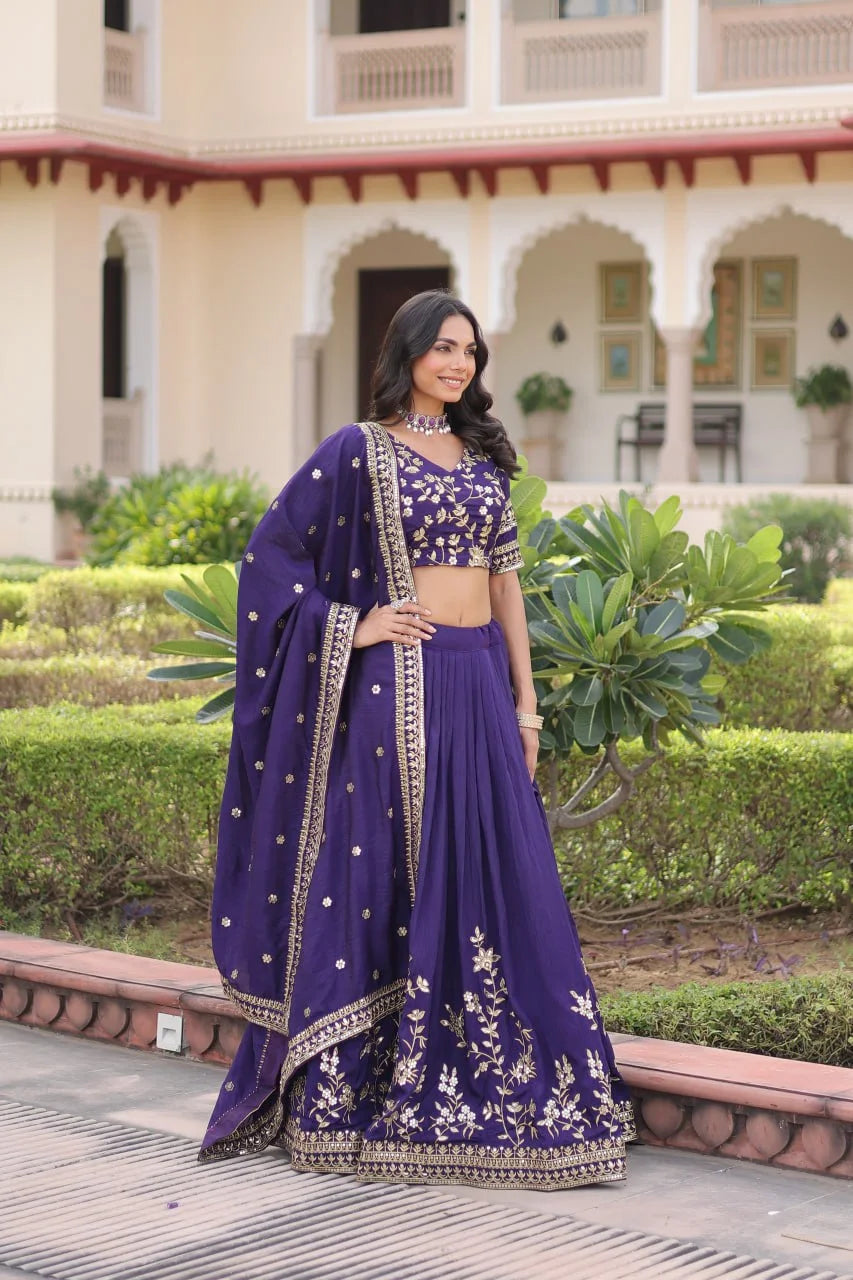 Festive Wear Vichitra Silk Lehenga with Zari-Sequence Work and Unstitched Blouse