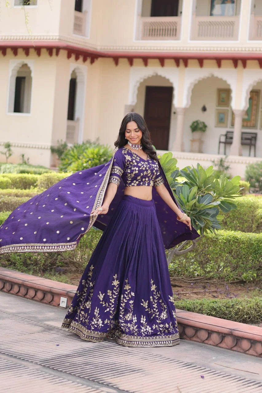 Festive Wear Vichitra Silk Lehenga with Zari-Sequence Work and Unstitched Blouse