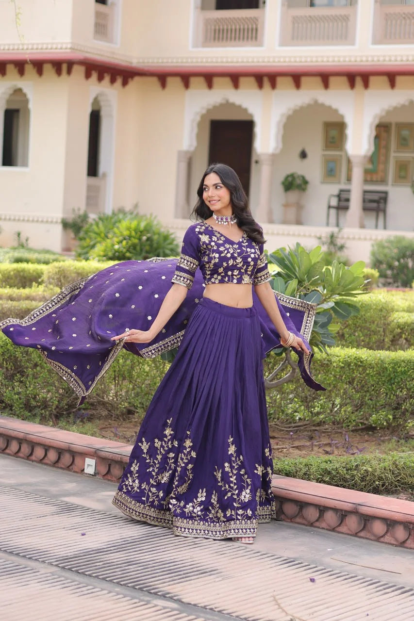Festive Wear Vichitra Silk Lehenga with Zari-Sequence Work and Unstitched Blouse