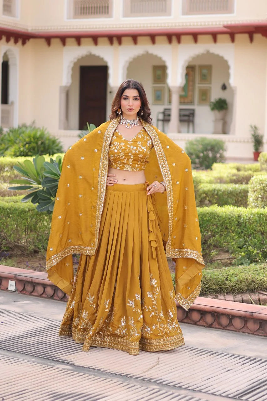Vichitra Silk Embroidered Lehenga Choli Set with Sequence & Zari Work and Designer Dupatta