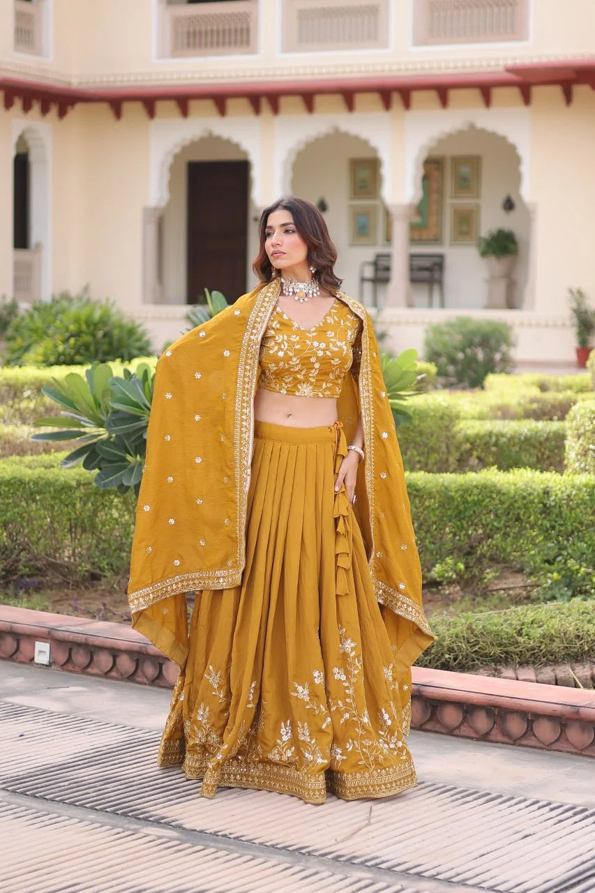 Vichitra Silk Embroidered Lehenga Choli Set with Sequence & Zari Work and Designer Dupatta