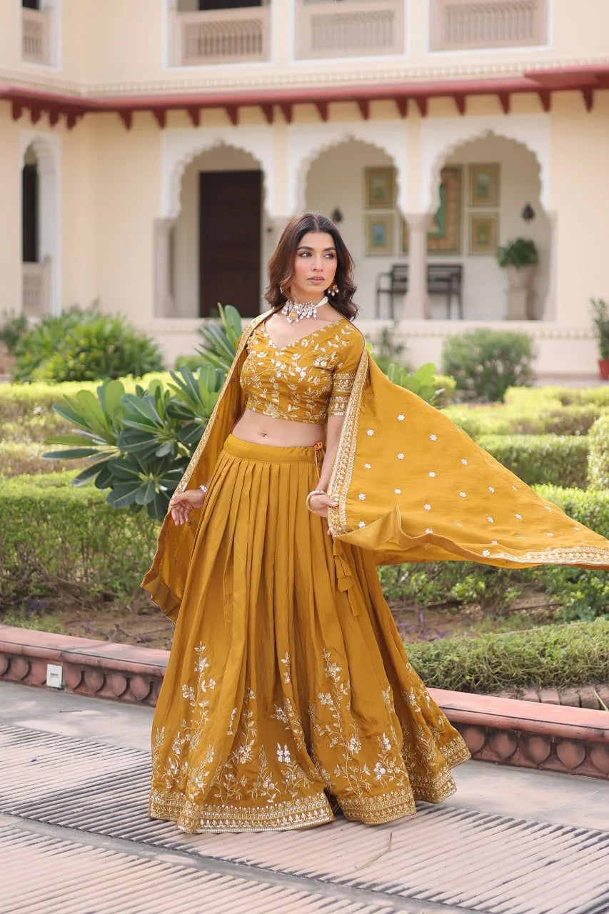 Vichitra Silk Embroidered Lehenga Choli Set with Sequence & Zari Work and Designer Dupatta
