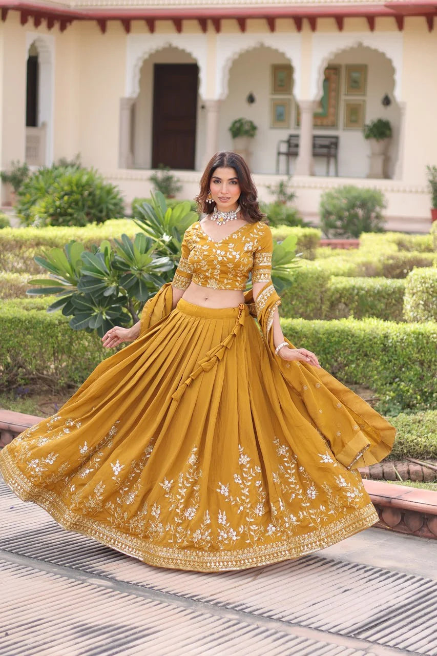 Vichitra Silk Embroidered Lehenga Choli Set with Sequence & Zari Work and Designer Dupatta