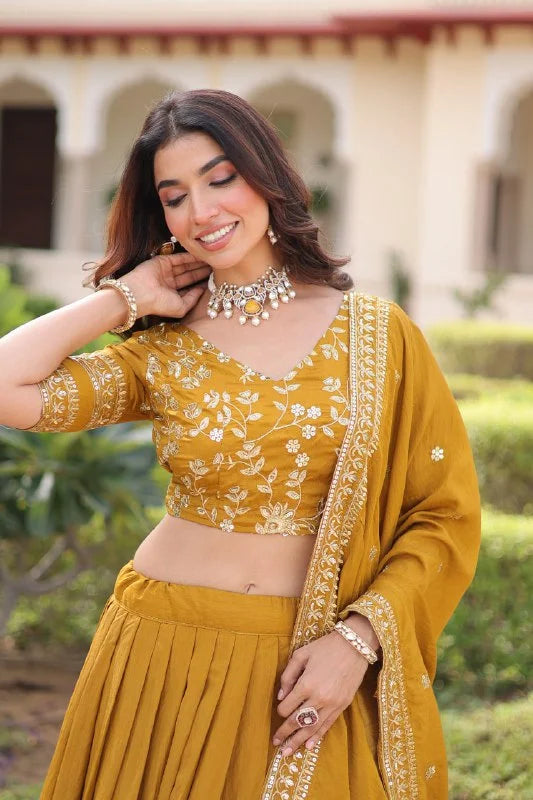 Vichitra Silk Embroidered Lehenga Choli Set with Sequence & Zari Work and Designer Dupatta