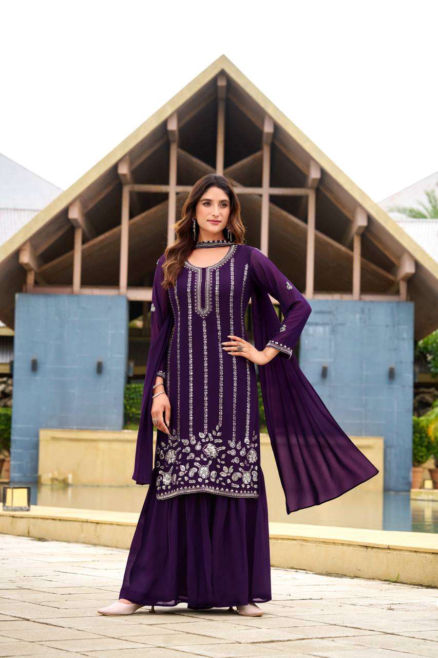 Classic Sharara Suit – Belt Style Dupatta & Embroidery Detailing