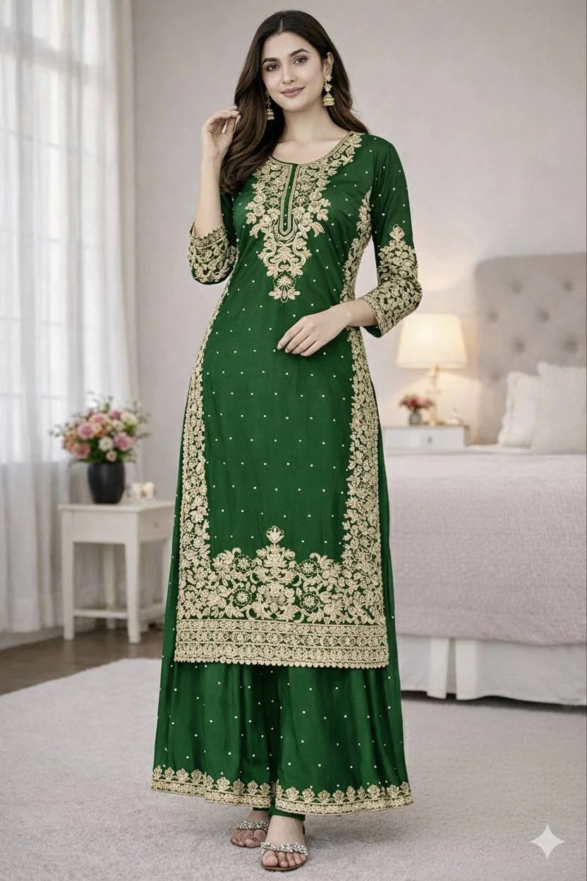 Festive Green Heavy Embroidery Plazzo Set - Eid Outfit