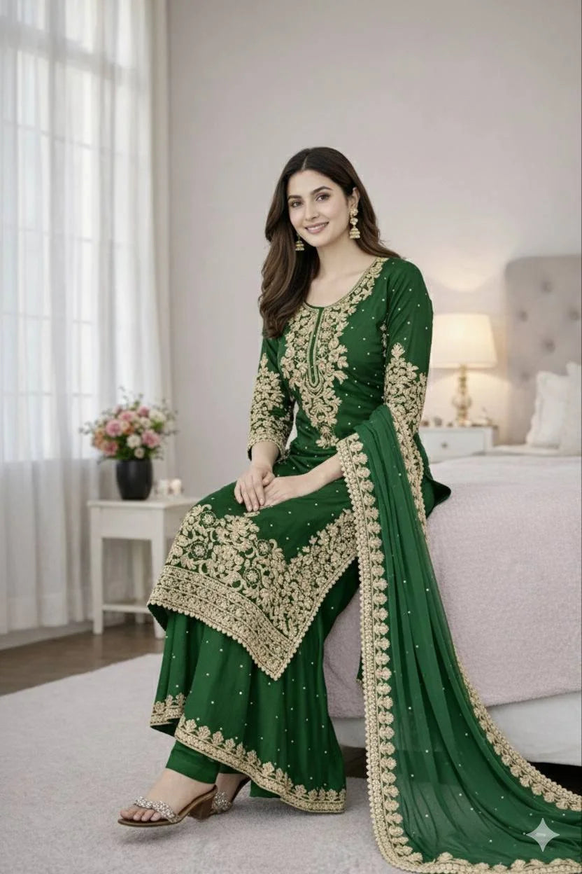 Festive Green Heavy Embroidery Plazzo Set - Eid Outfit