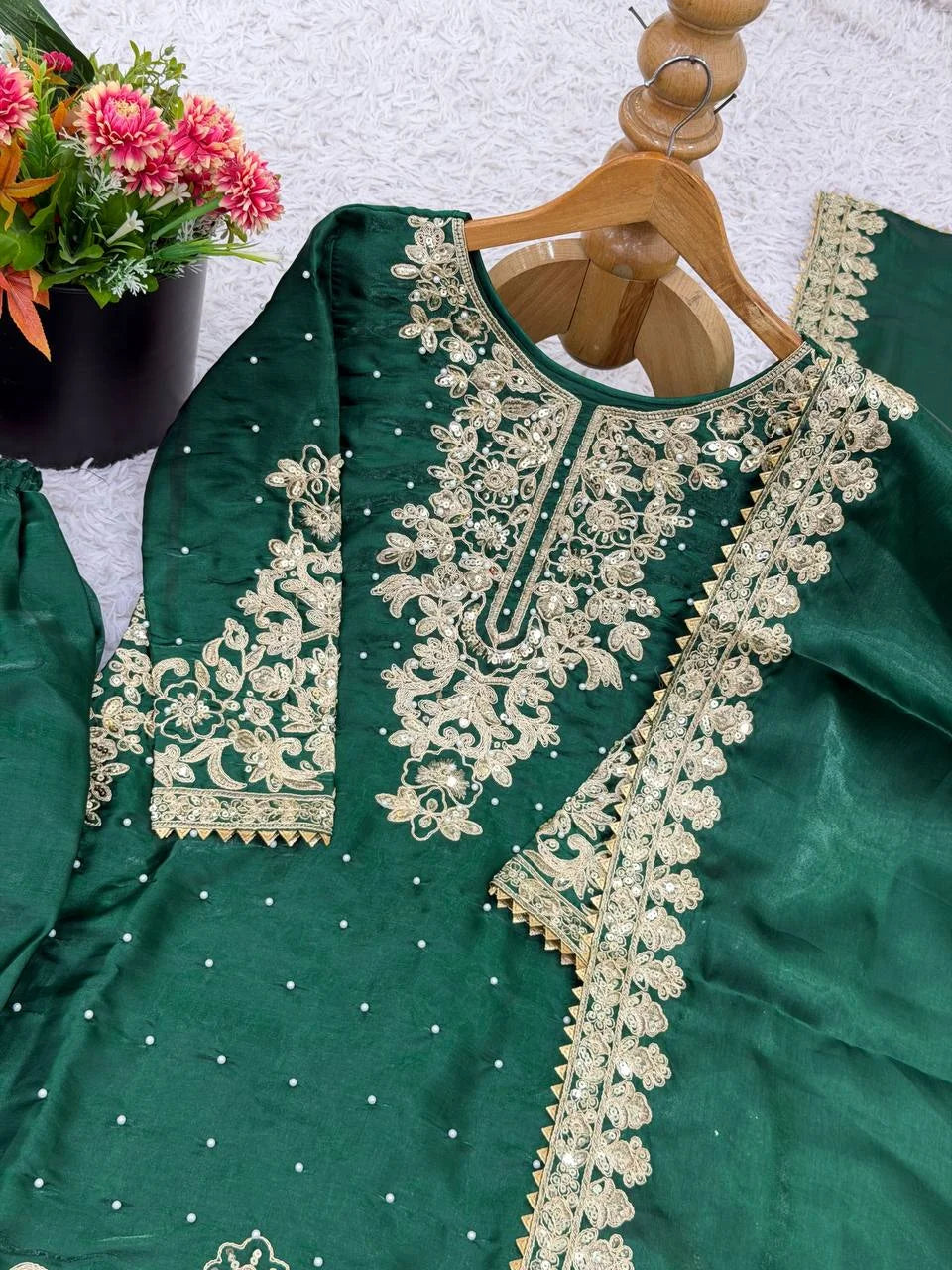 Festive Green Heavy Embroidery Plazzo Set - Eid Outfit