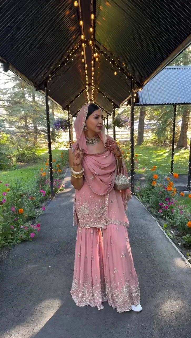 Georgette Sequence Embroidered Top Sharara Set with Matching Dupatta