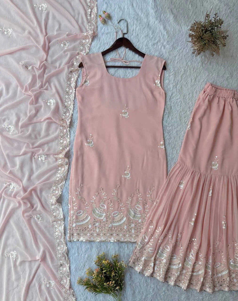 Georgette Sequence Embroidered Top Sharara Set with Matching Dupatta