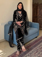 Velvet Embroidered Kurti Plazzo Set for Festive & Wedding Wear
