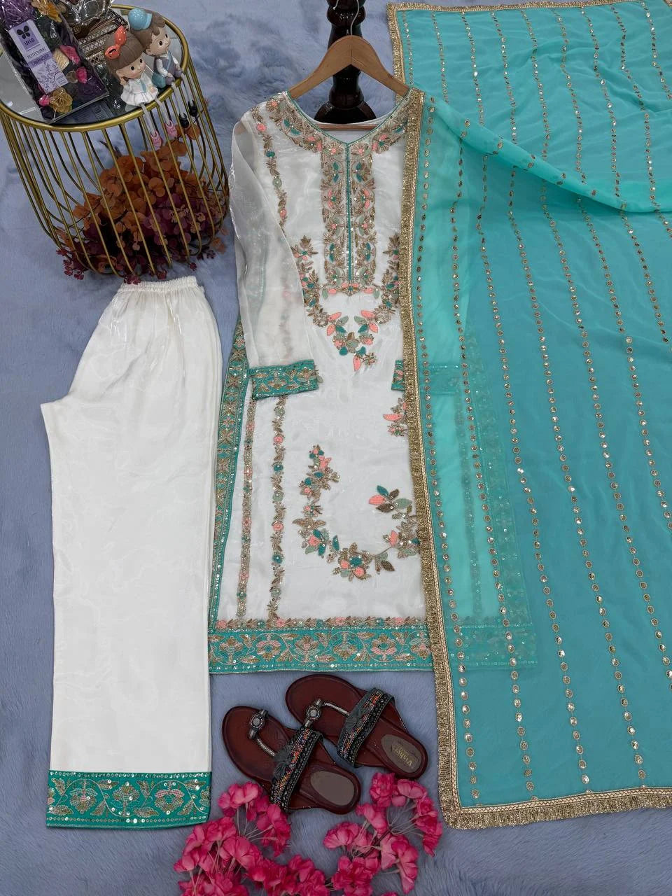 Traditional White Gimmy Chu Heavy Work Top Plazzo Set with Lace Border Dupatta