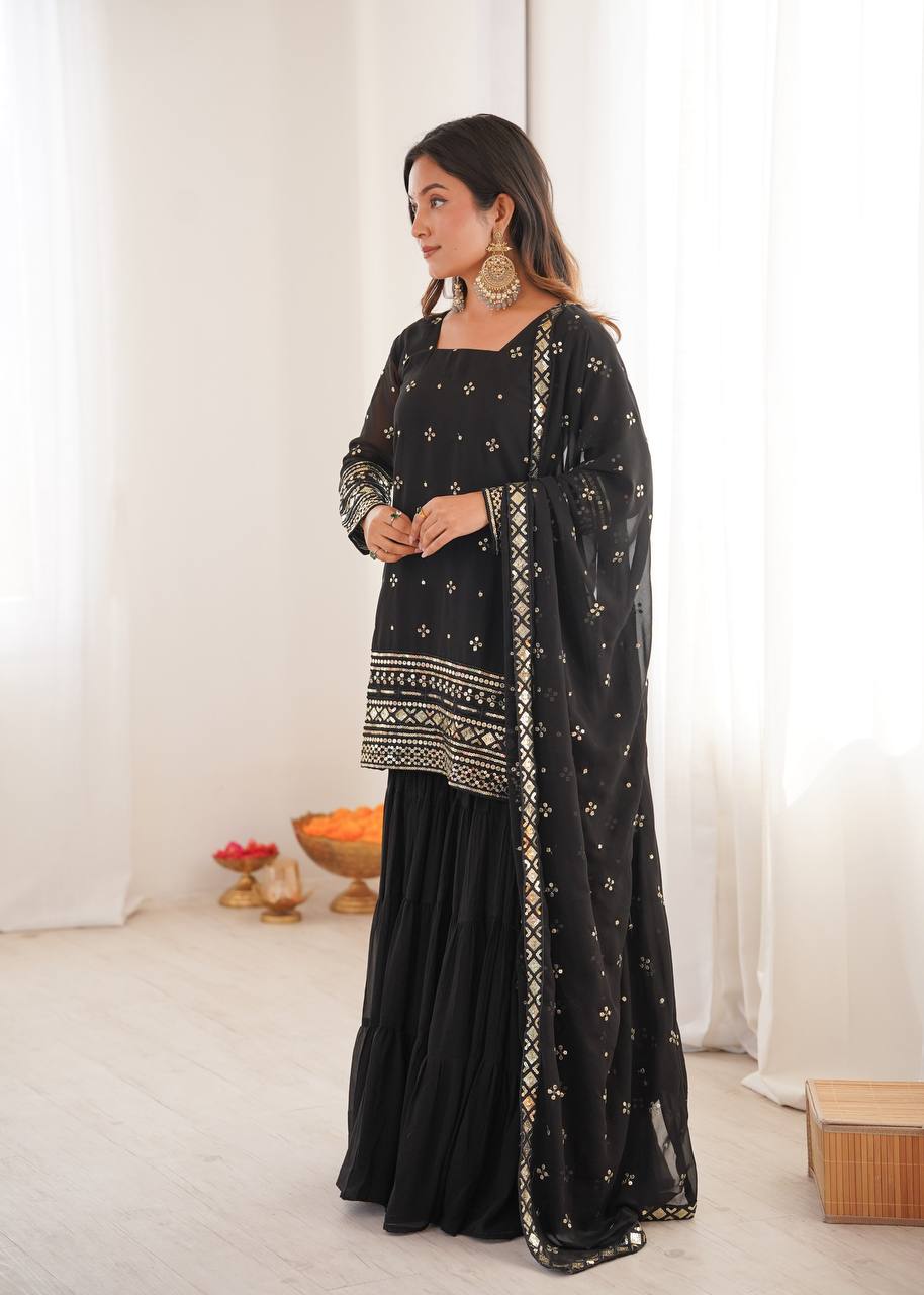 Elegant Heavy Georgette Embroidery Top Sharara Suit with Dupatta