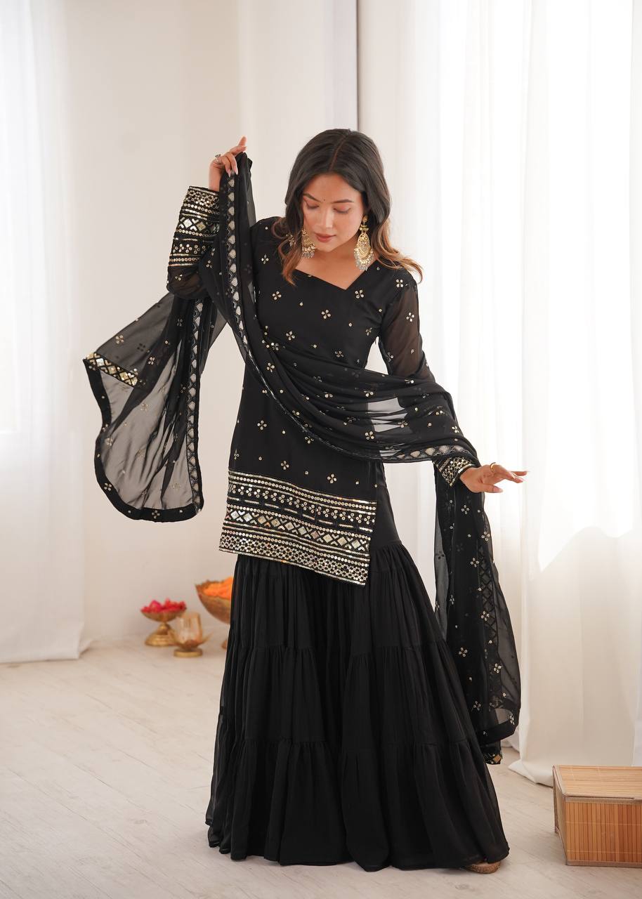 Elegant Heavy Georgette Embroidery Top Sharara Suit with Dupatta