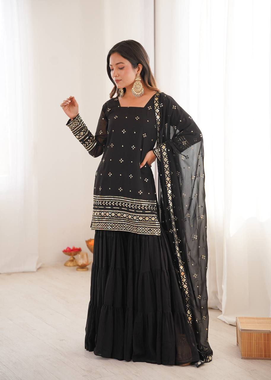 Elegant Heavy Georgette Embroidery Top Sharara Suit with Dupatta